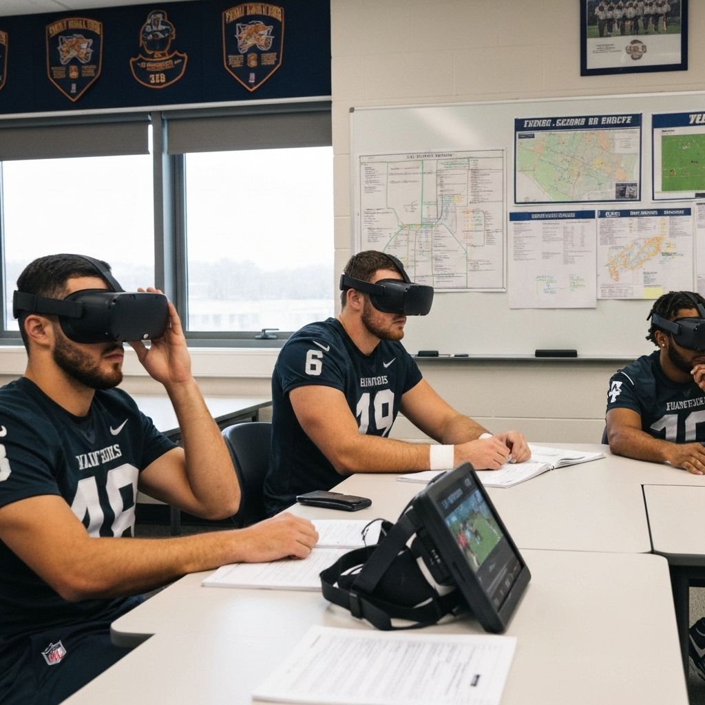 Football players wearing VR headsets in classroom, actively engaged in immersive playbook training