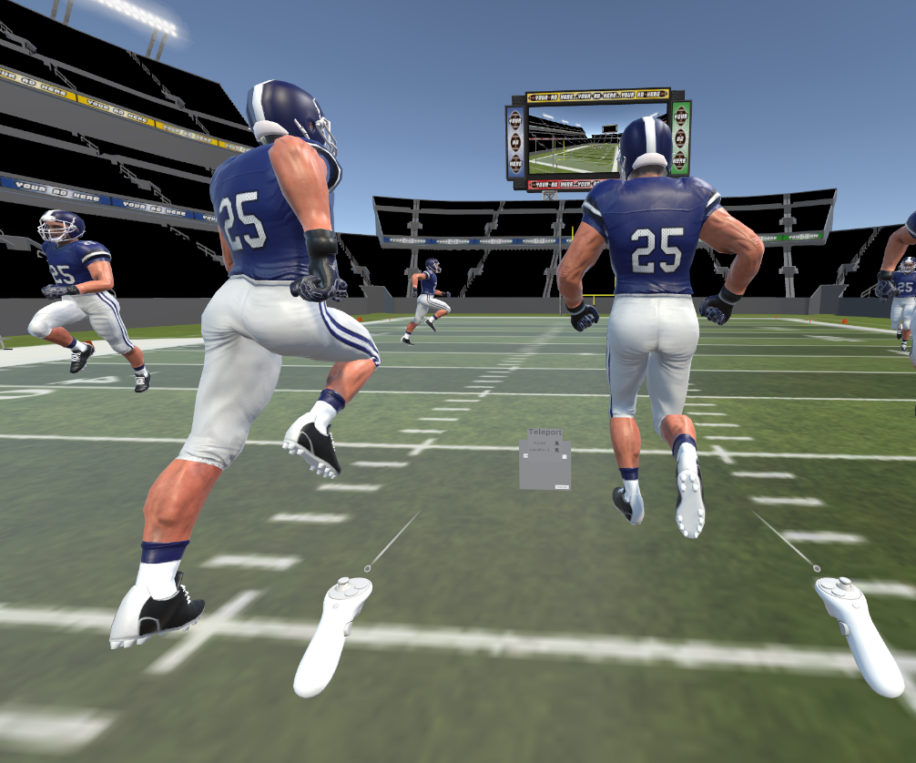 ClutchVR first-person football simulation showing players on field from VR perspective